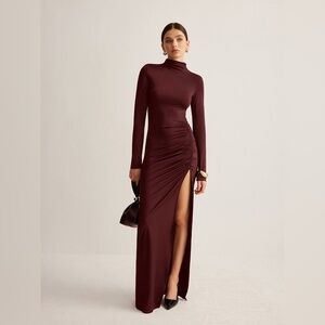 NWT Burgundy Stand-Collar Pleated Slit Jersey Maxi Dress